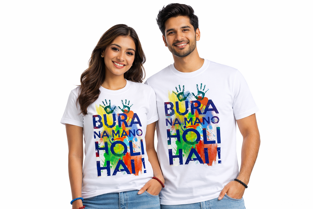 Bura Na Mano Holi Hai Couple T-Shirt – Color Splash Festival Edition | TeeGraphics